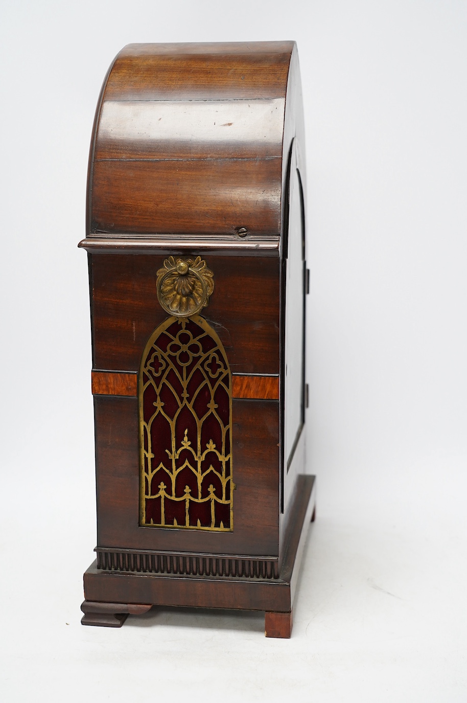 An early 19th century brass inlaid mahogany lancet shaped mantel clock by G. Willson of London, with pendulum and door-key, no winding key, 45cm. Condition - fair to good, not tested as working